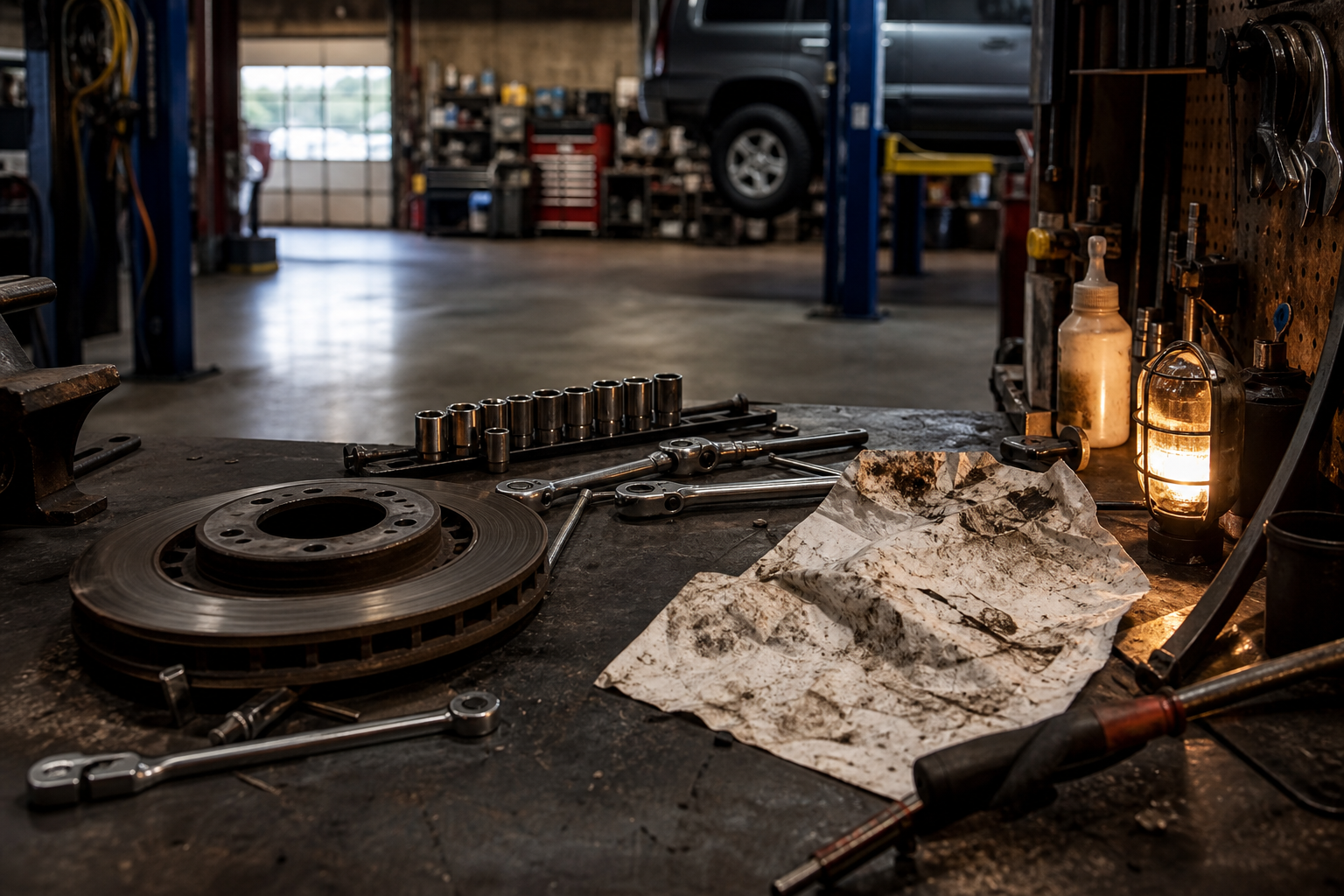 Repair bay work surface with tools and shop materials